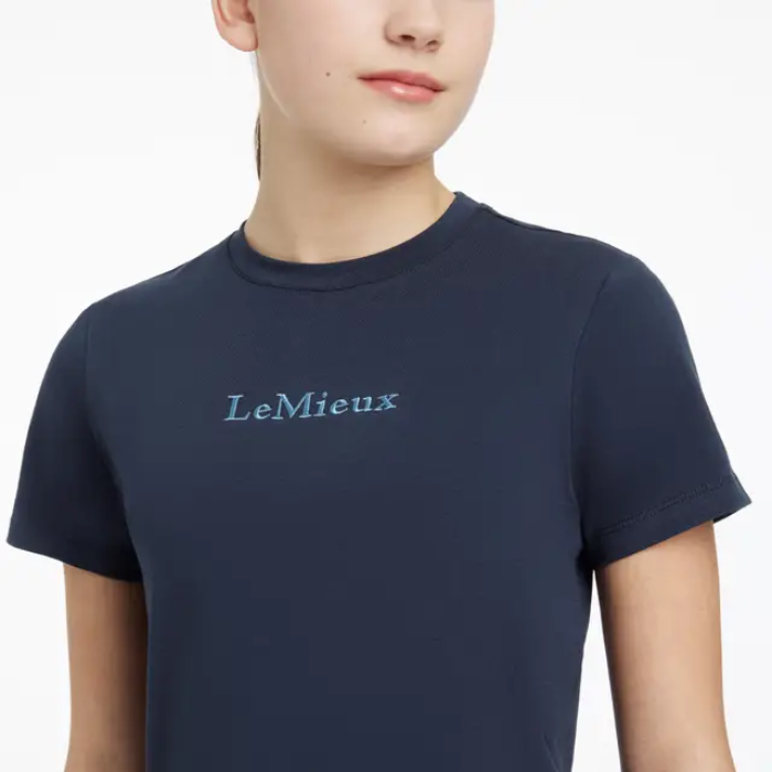 Navy blue t-shirt with 'LeMieux' logo worn by a person on a white background