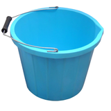 Blue bucket with a metal handle on a white background
