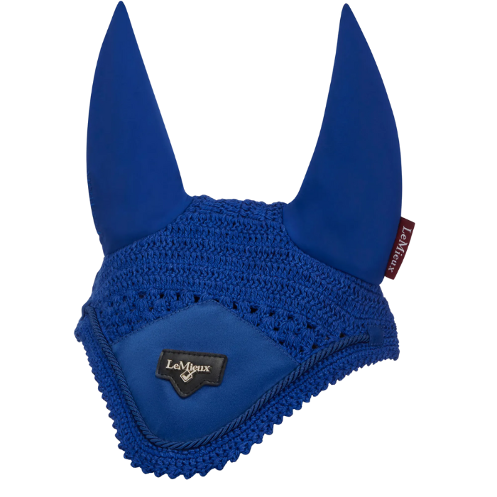 Deep blue ear bonnet for a horse on a white background