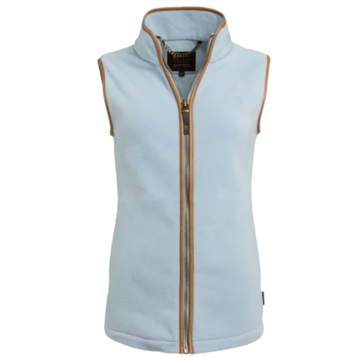 Pale blue fleece gilet with brown leather zip trim on a white background