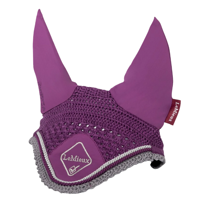 Purple equestrian ear bonnet with grey base and LeMieux logo on a white background