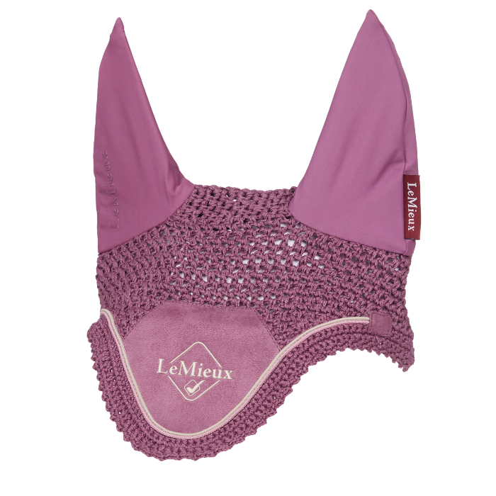 Pink equestrian ear bonnet with LeMieux logo on a white background