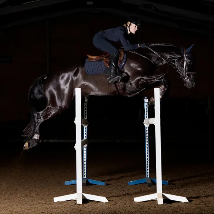 Horse and rider jumping over an obstacle in a dark indoor arena