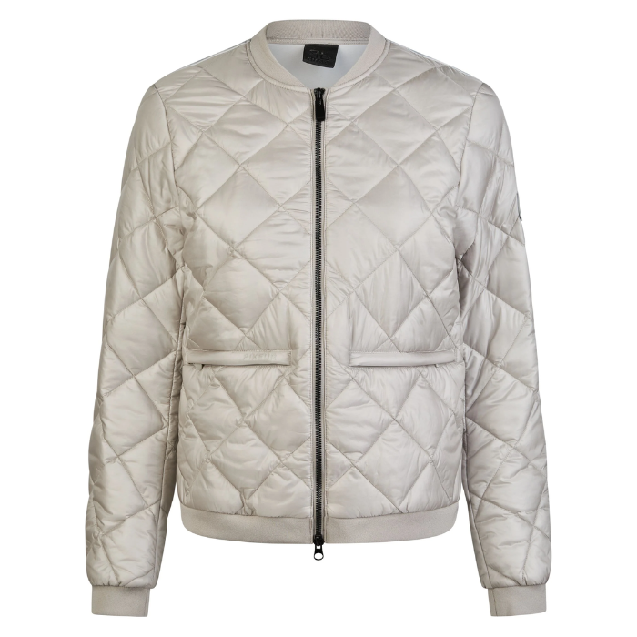 Pale grey quilted jacket on a white background