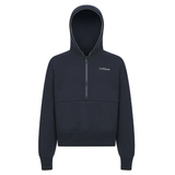 Navy hoodie with a brand logo on a white background