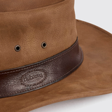 Brown leather hat with a visible Dubarry brand logo on a white background