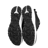 Black training shoes with a black tread on the sole against a white background