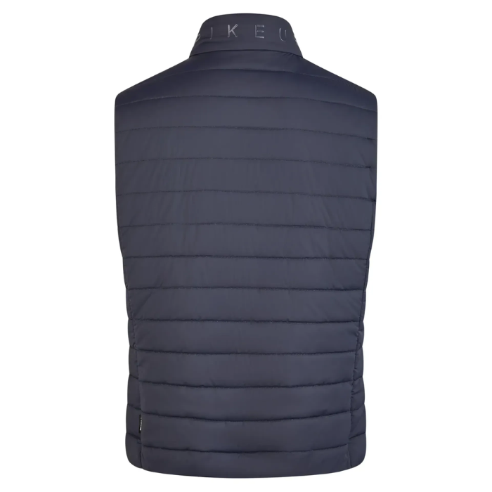 Navy blue puffer gilet on a white background