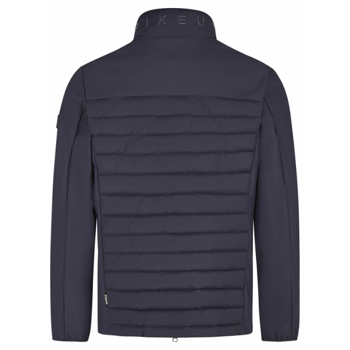 Dark blue puffer jacket with brand logo on a white background