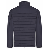 Dark blue puffer jacket with brand logo on a white background