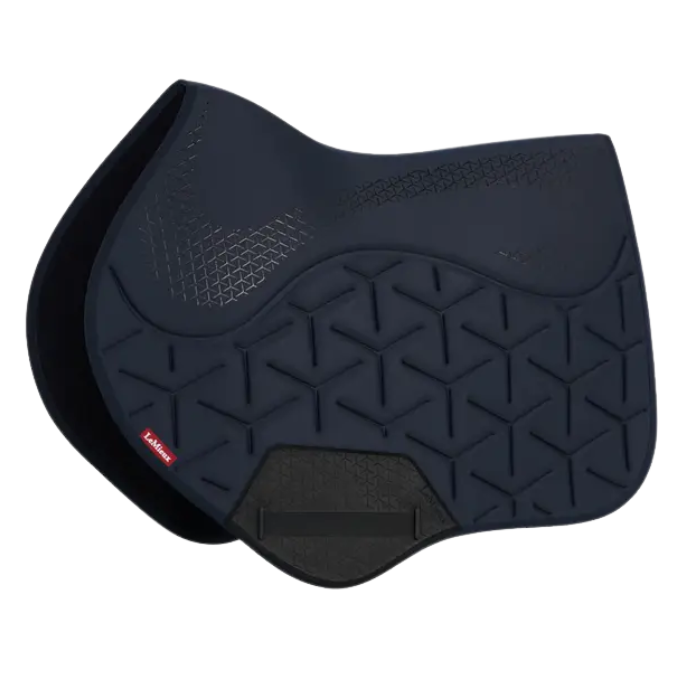 Black saddle pad with textured surface on a white background