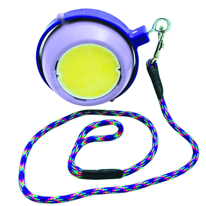 Purple horse toy with a rope clipped on against a white background