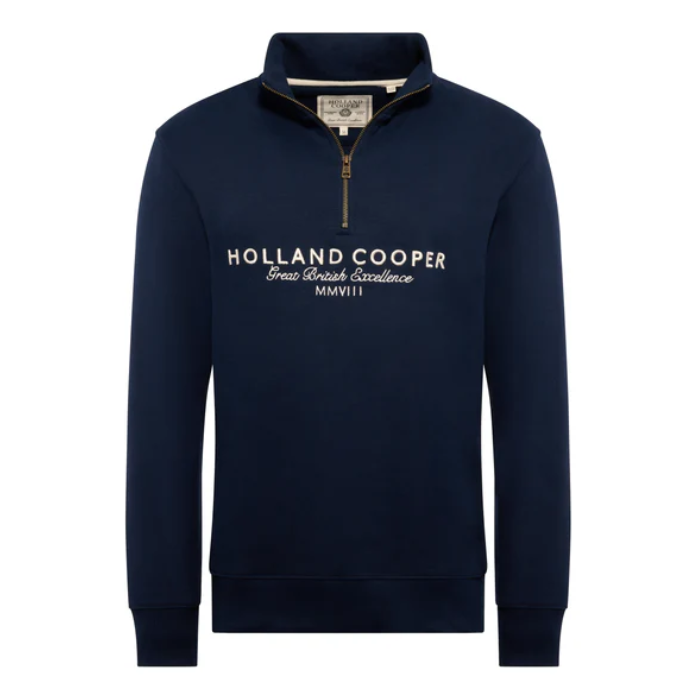 Navy blue sweatshirt with 'Holland Cooper' logo on a white background