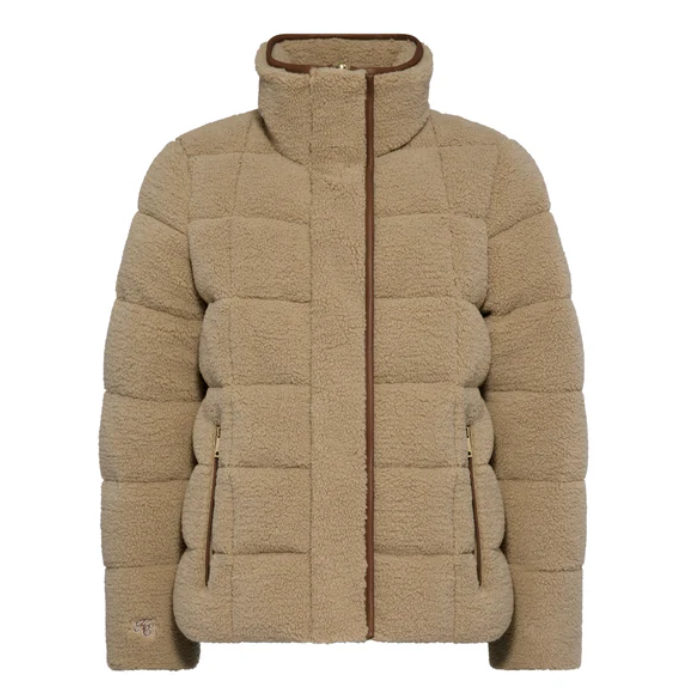 Natural borg material jacket with brown trim on a white background
