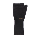 Black fingerless gloves with a gold button on a white background