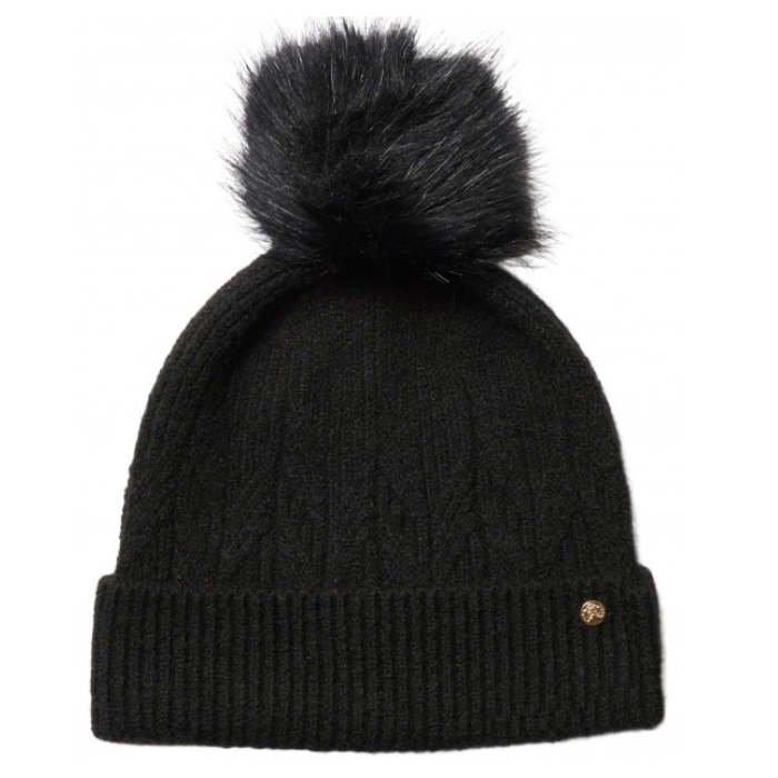 Black beanie hat with a pom pom on a white background