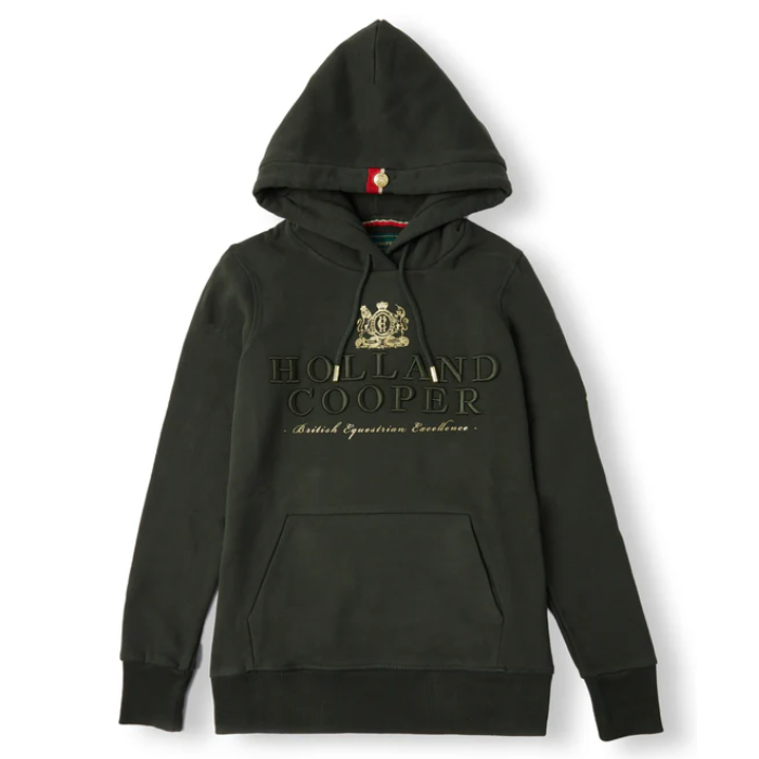 Dark green hoodie with Holland Cooper logo on a white background