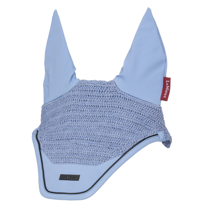 Pale blue mesh ear bonnet on a white background