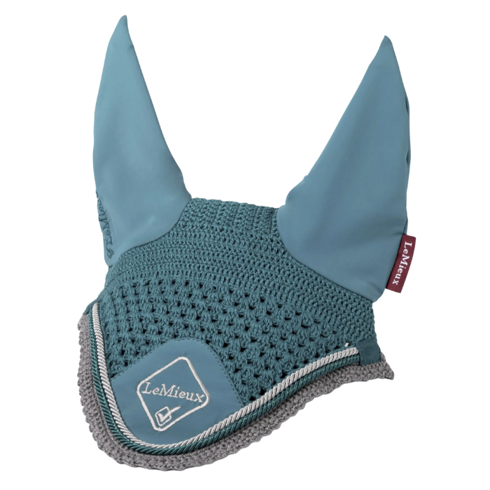 Teal and grey equestrian ear bonnet with LeMieux logo on a white background