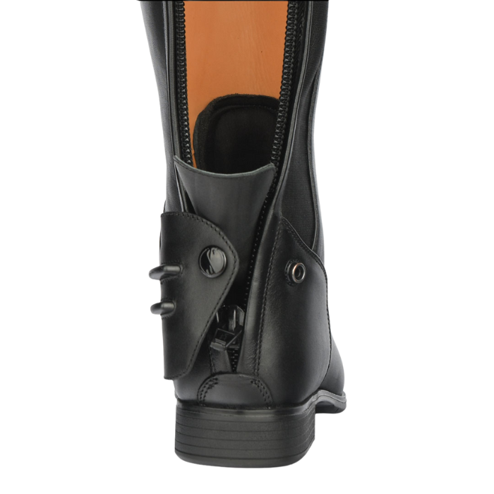 Black riding boot with a brown interior on a white background