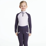 Child wearing a lilac long-sleeve base layer with matching leggings on a white background