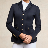 Navy equestrian competition jacket on a white background