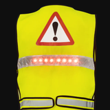 Yellow safety vest with reflective stripes and a warning triangle on a black background