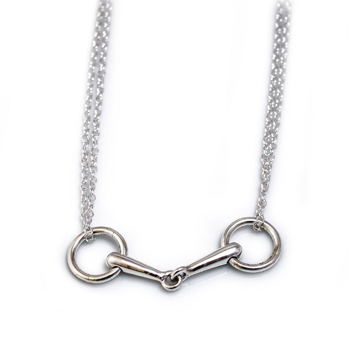 Silver necklace with a horse bit pendant on a white background