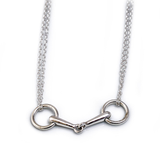 Silver necklace with a horse bit pendant on a white background