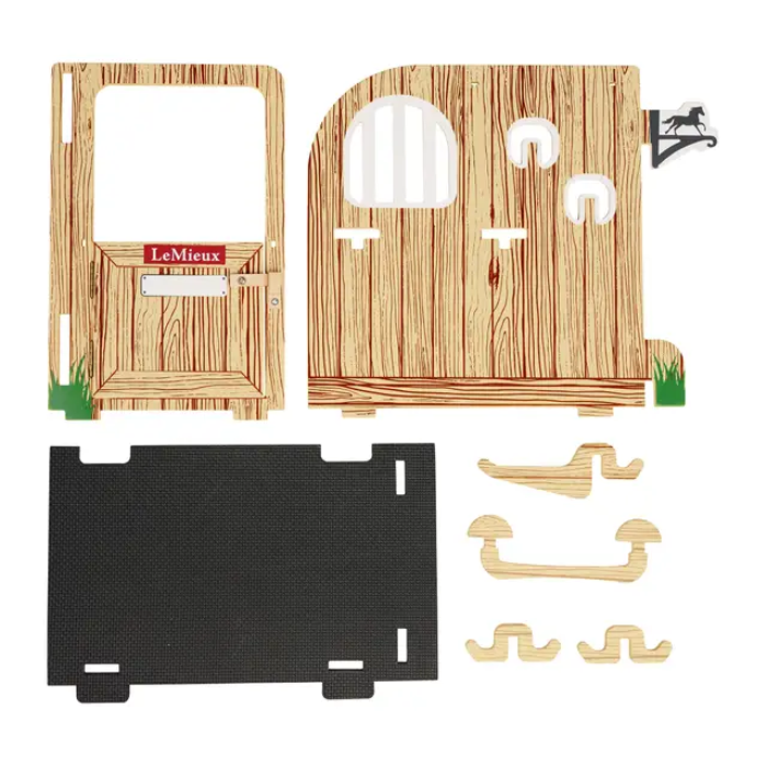 Wooden horse stall door kit with components on a white background