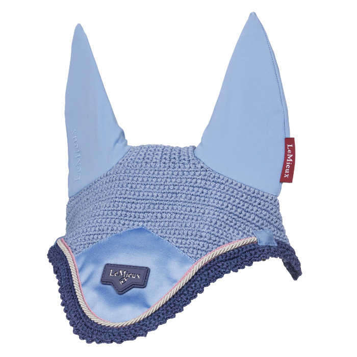 Pale blue horse fly veil with LeMieux branding and navy edging on a white background
