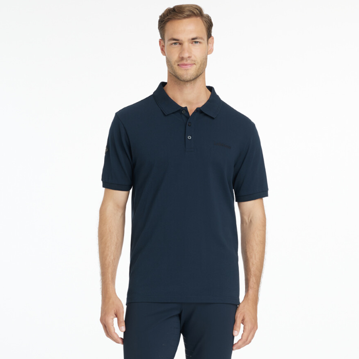 Man wears a navy blue polo t-shirt on a white background
