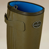 Close-up of a green wellington boots with a blue neoprene lining on a neutral background