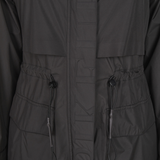 Close-up of a dark black jacket with drawstrings and buttons.