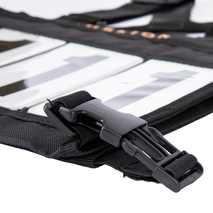 Close-up of a black strap with buckle on a transparent background