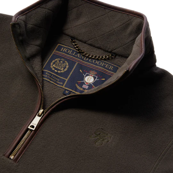 Close-up of a dark sweater with a Holland Cooper label on the collar.