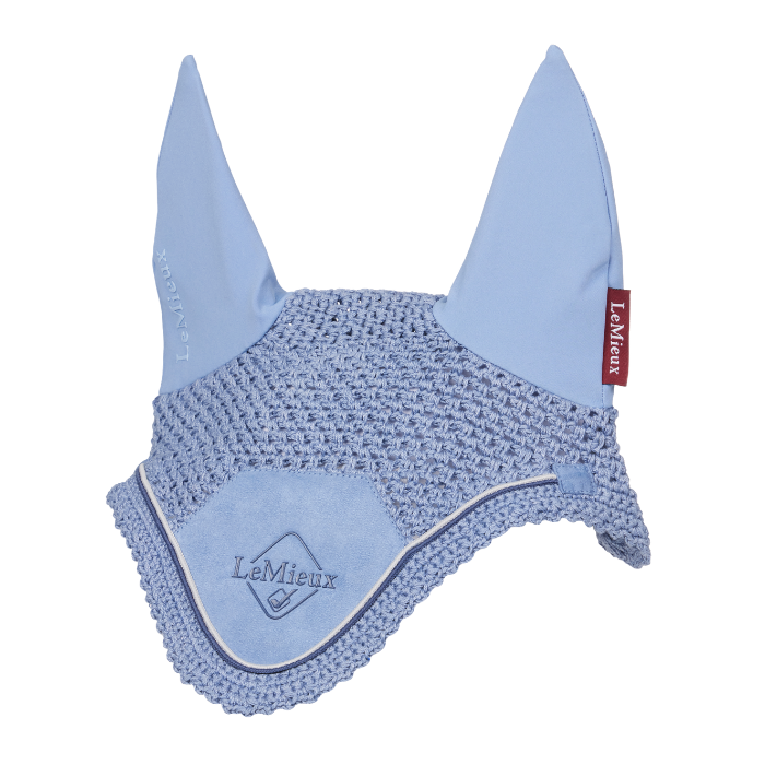 Blue equestrian ear bonnet with brand logo on a white background