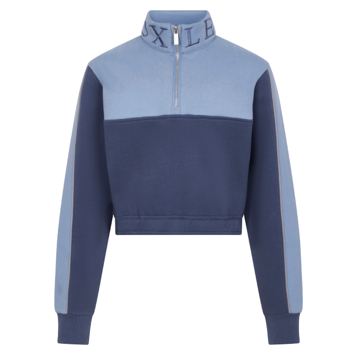 Navy and light blue half-zip cropped sweatshirt on a white background