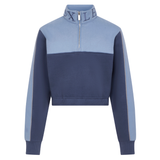 Navy and light blue half-zip cropped sweatshirt on a white background