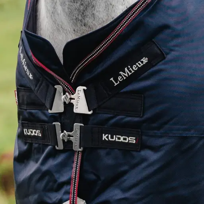 Close-up of closure details on navy turnout rug