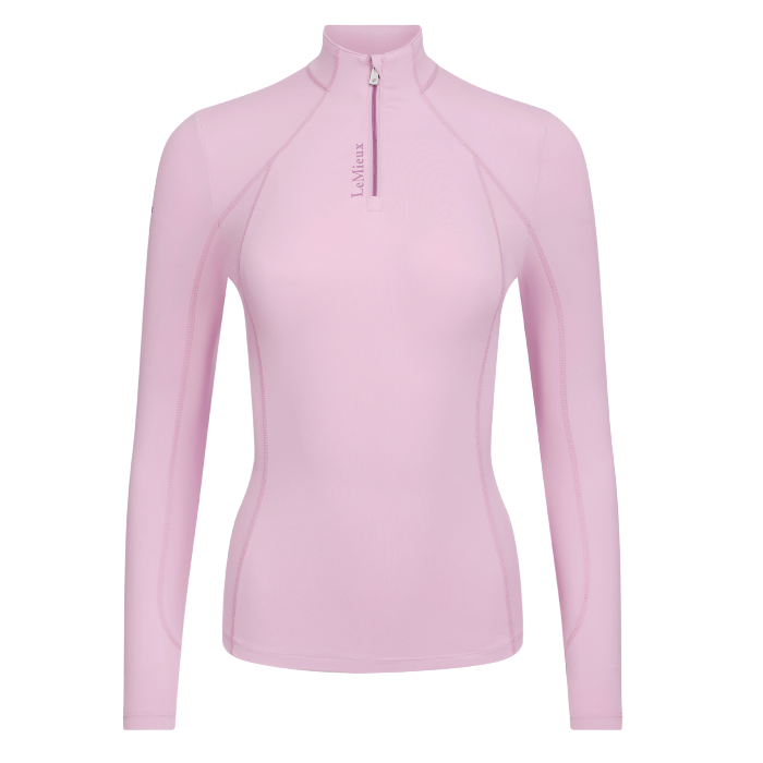 Pink long-sleeve top with a zipper on a white background
