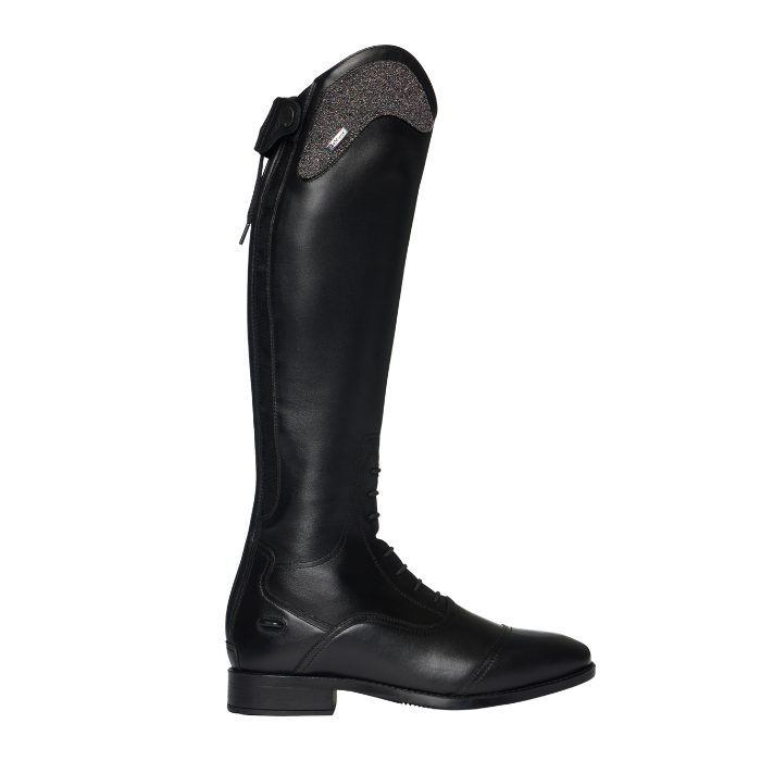 Black riding boot on a white background