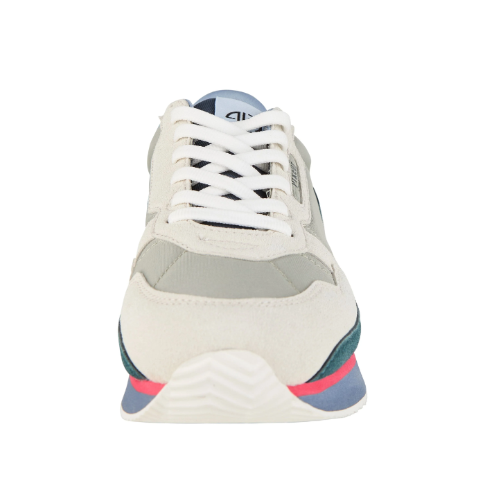 White sneaker with grey and pink accents on a white background