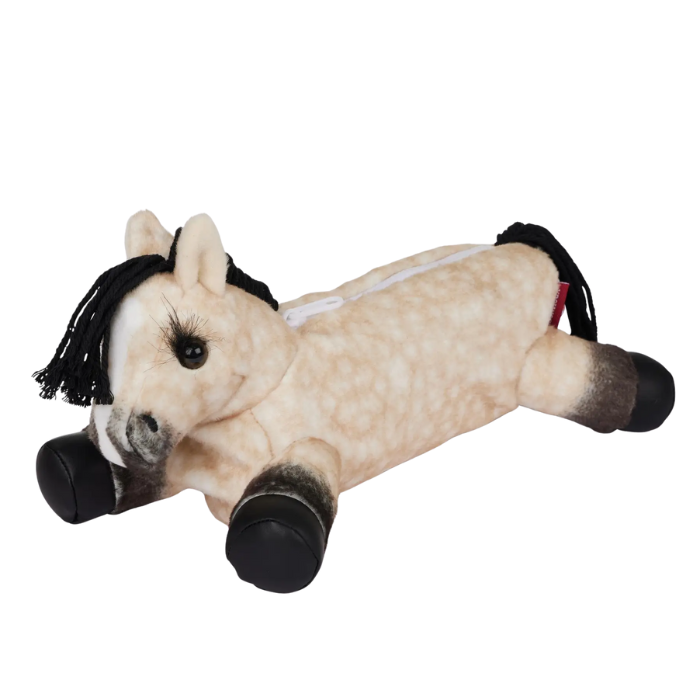 Plush toy horse with black mane on a white background