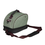 Green and brown bag with a strap on a white background