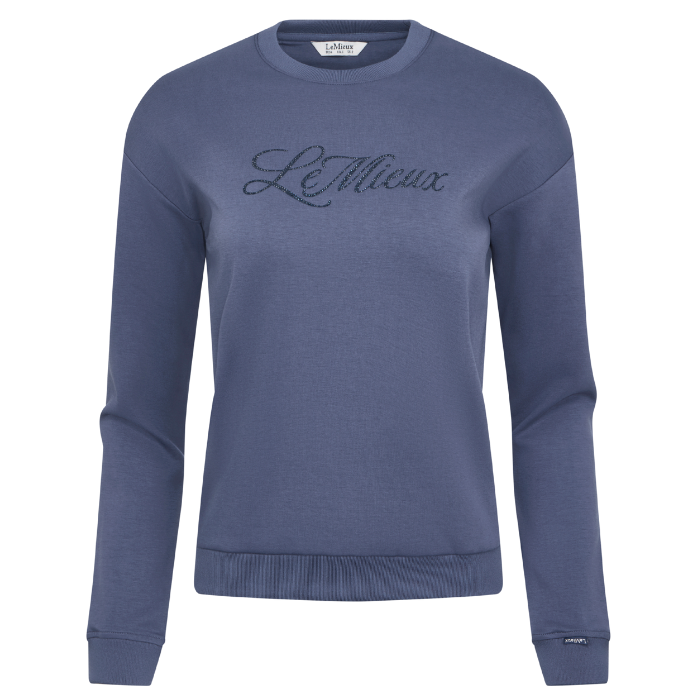 Blue sweatshirt with 'Le Mieux' branding on a white background