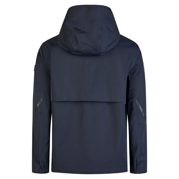 Navy blue jacket with a hood on a white background