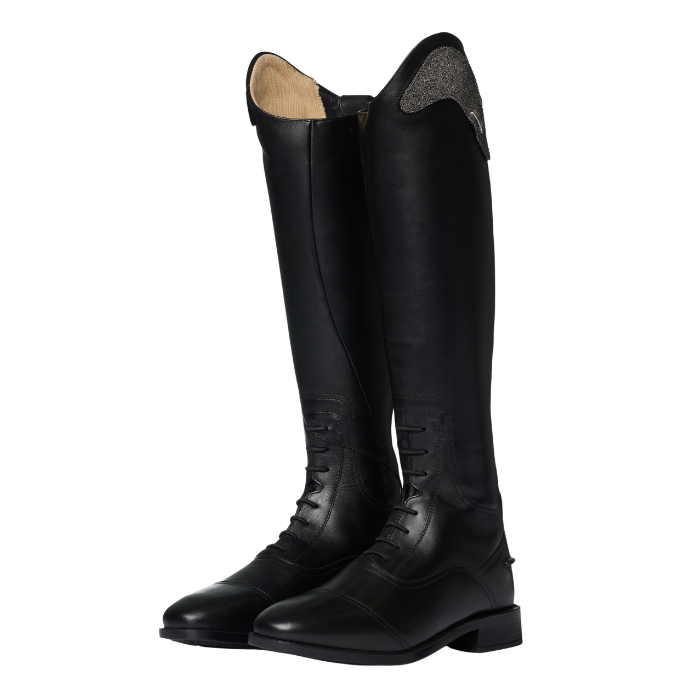 Pair of black riding boots on a white background