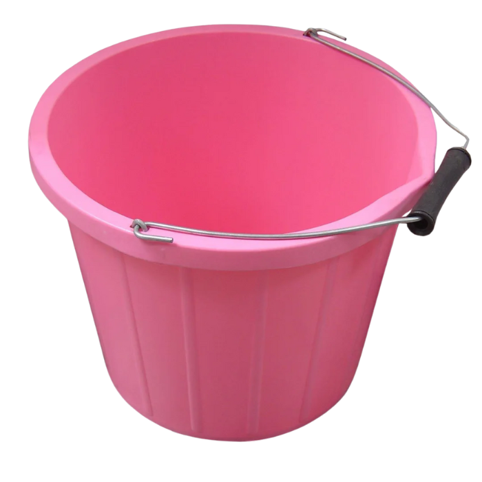 Pink bucket with a metal handle on a white background