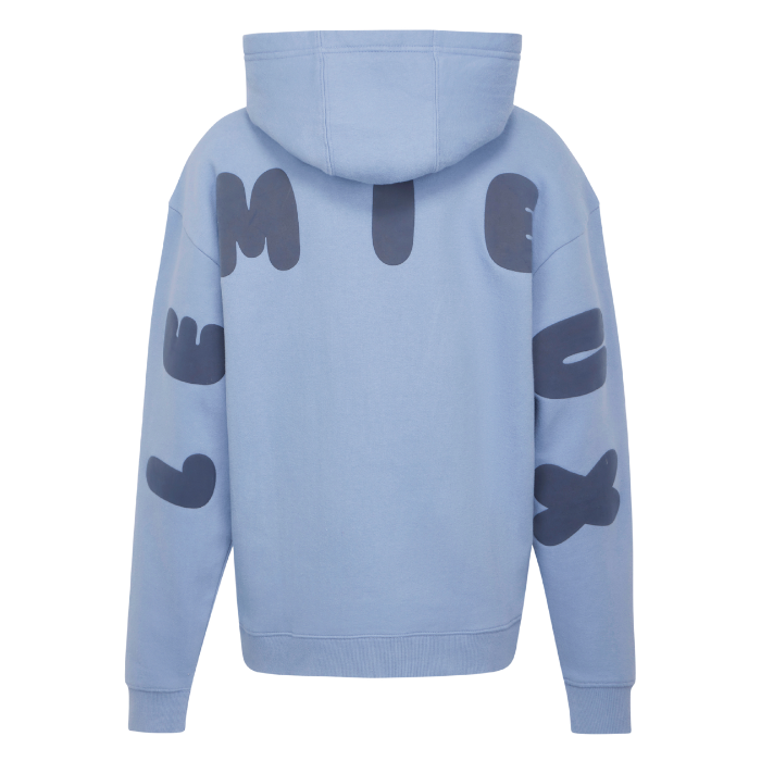 Light blue hoodie with dark blue LeMieux text on the back against a white background